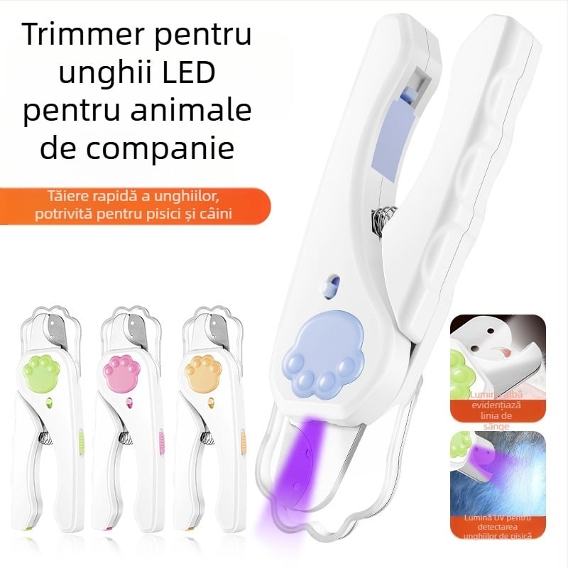 Clește de unghii pentru animale de companie, cu LED și pilă de unghii, pentru pisici și câini, protecție împotriva sângerării