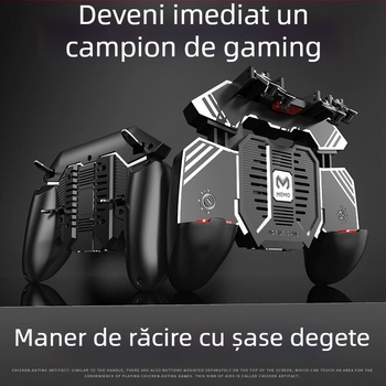 AK77 Controller de joc cu design ergonomic pentru șase degete, răcire cu aer rece și power bank, joystick cablat PS/2 cu feedback de forță, ABS + metal, compatibil cu iOS și Android