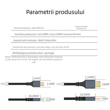 Cablu HDMI la Mini HDMI/Micro, 4K60Hz, HDMI 2.0, cupru, placat cu aur, lungime 0.5–10 m, Wadexun