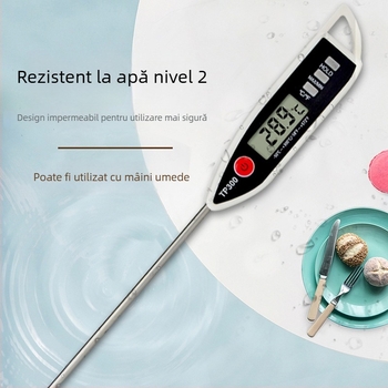 Termometru digital de bucătărie tip stilou cu sondă din oțel inoxidabil – măsoară temperatura alimentelor, a uleiului și a laptelui; alimentat cu baterie AG13