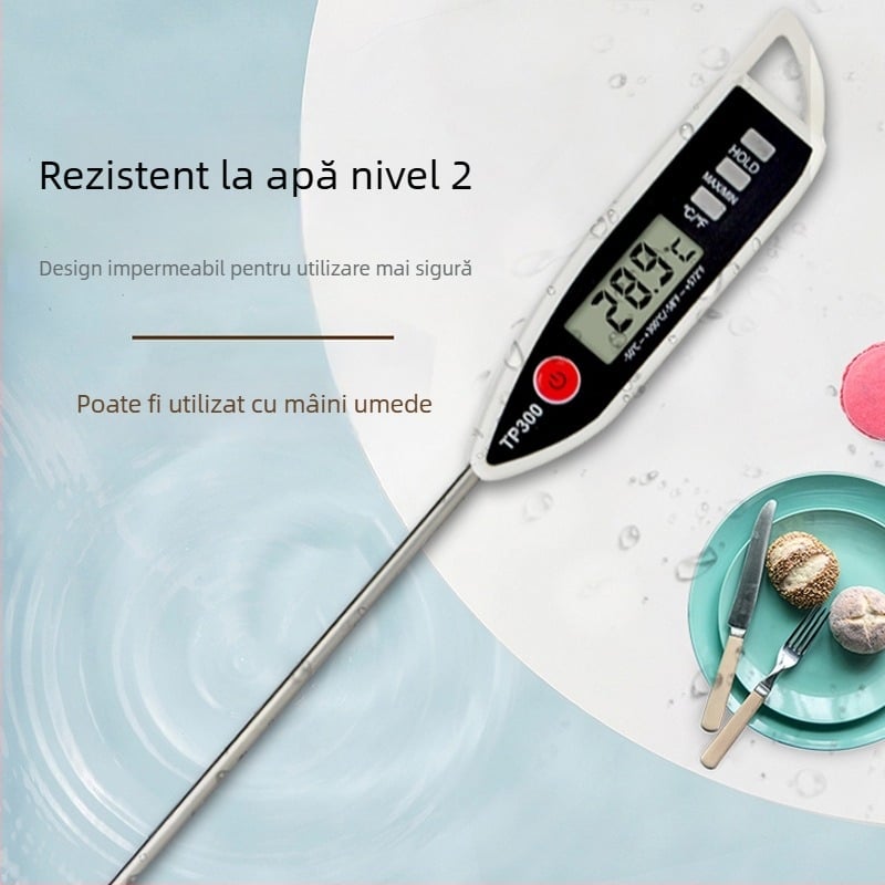 Termometru digital de bucătărie tip stilou cu sondă din oțel inoxidabil – măsoară temperatura alimentelor, a uleiului și a laptelui; alimentat cu baterie AG13
