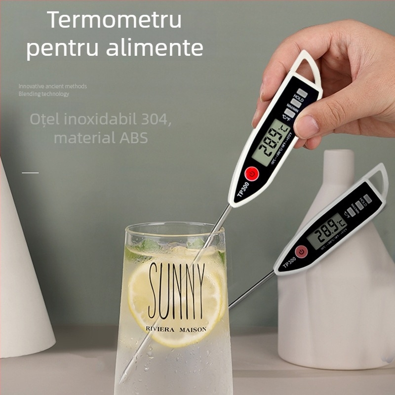 Termometru digital de bucătărie tip stilou cu sondă din oțel inoxidabil – măsoară temperatura alimentelor, a uleiului și a laptelui; alimentat cu baterie AG13