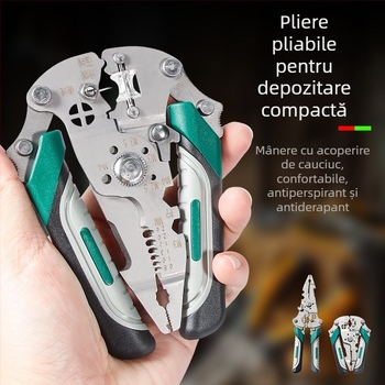 Electrician: Clește pentru dezizolarea cablurilor din oțel inoxidabil – multifuncțional, dezizolare, tăiere, prindere; design pliabil; greutate 0,21 kg