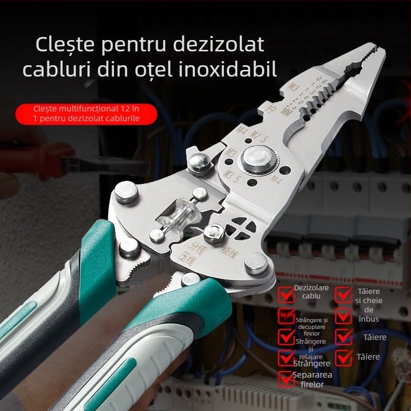 Electrician: Clește pentru dezizolarea cablurilor din oțel inoxidabil – multifuncțional, dezizolare, tăiere, prindere; design pliabil; greutate 0,21 kg