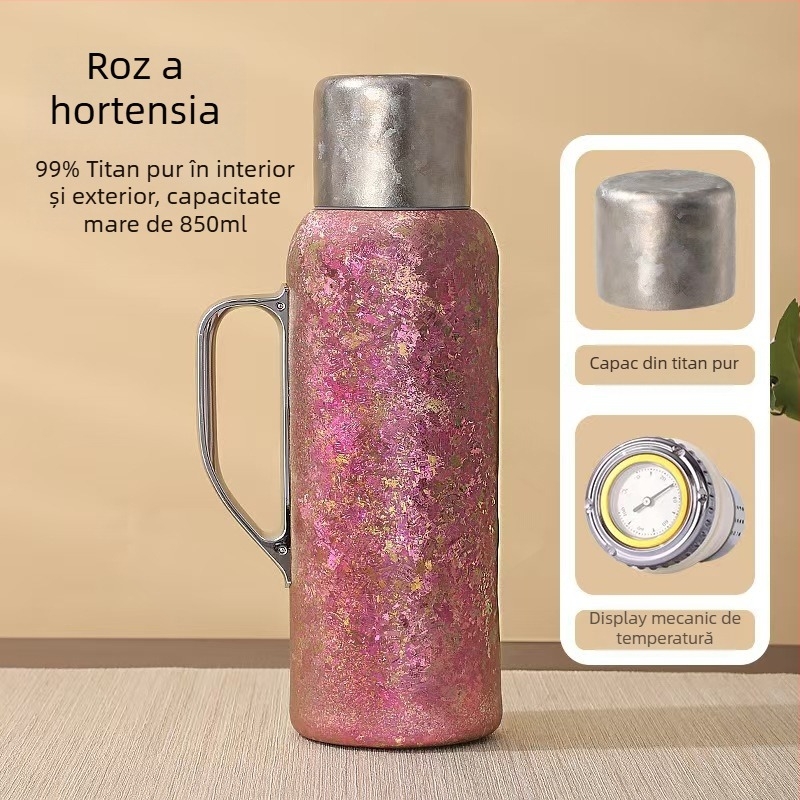 Ceainic izolat din titan cu mâner din titan, termometru mecanic, capac interior, pentru birou sau uz casnic