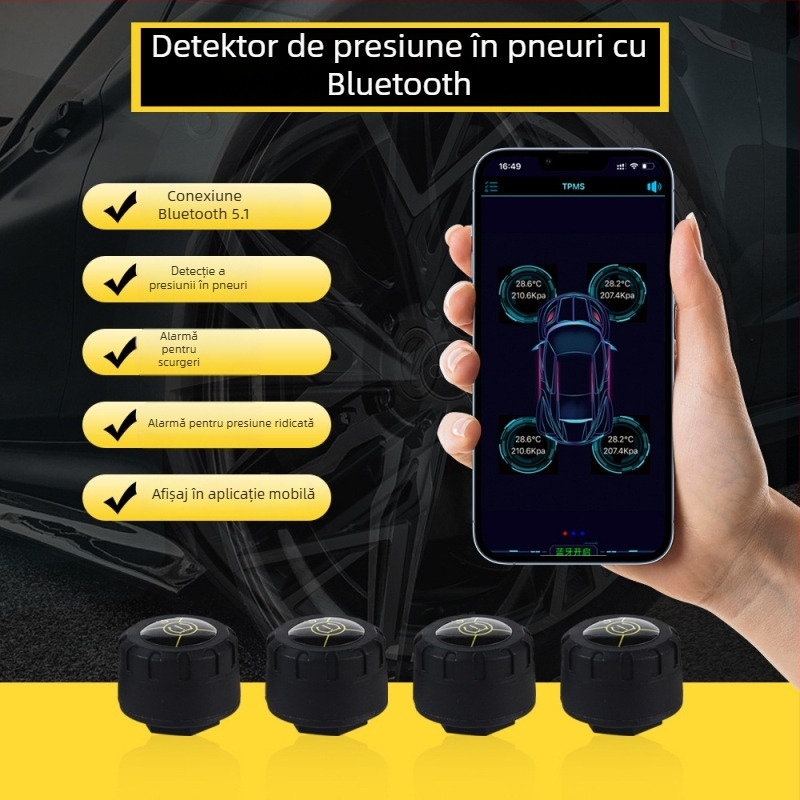 TAJC TPMS cu aplicație Bluetooth, sistem extern portabil de monitorizare a presiunii în pneuri, senzor de înaltă precizie, compatibilitate universală