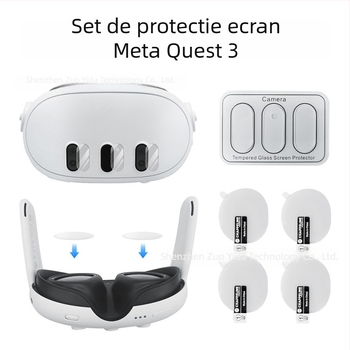 Kit protecție lentile Meta Quest 3: 3 protecții din sticlă temperată pentru lentile și 4 folii TPU moi, tăiate cu precizie; compatibil cu Meta Quest 3; dimensiune ambalaj 9.5×6.3×1.4 cm; greutate 21.5 g; include cutie de plastic și pungă cu alcool.