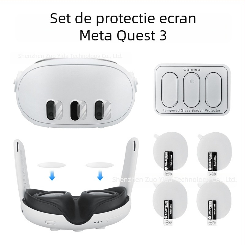 Kit protecție lentile Meta Quest 3: 3 protecții din sticlă temperată pentru lentile și 4 folii TPU moi, tăiate cu precizie; compatibil cu Meta Quest 3; dimensiune ambalaj 9.5×6.3×1.4 cm; greutate 21.5 g; include cutie de plastic și pungă cu alcool.