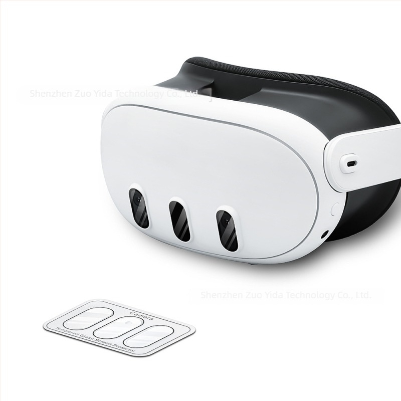 Kit protecție lentile Meta Quest 3: 3 protecții din sticlă temperată pentru lentile și 4 folii TPU moi, tăiate cu precizie; compatibil cu Meta Quest 3; dimensiune ambalaj 9.5×6.3×1.4 cm; greutate 21.5 g; include cutie de plastic și pungă cu alcool.