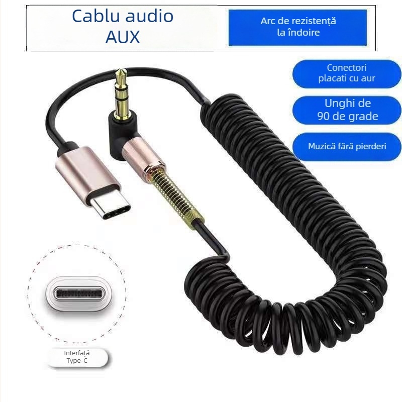 Cablu adaptor Type-C la 3,5 mm pentru audio auto, miez din cupru placat cu argint, țesut, certificat CE, 35 g