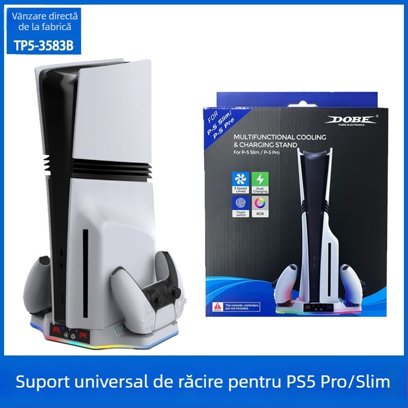 DOBE TP5-3583B bază de răcire PS5 Pro/Slim cu iluminare RGB și încărcare pentru controlere (USB-C, ABS)