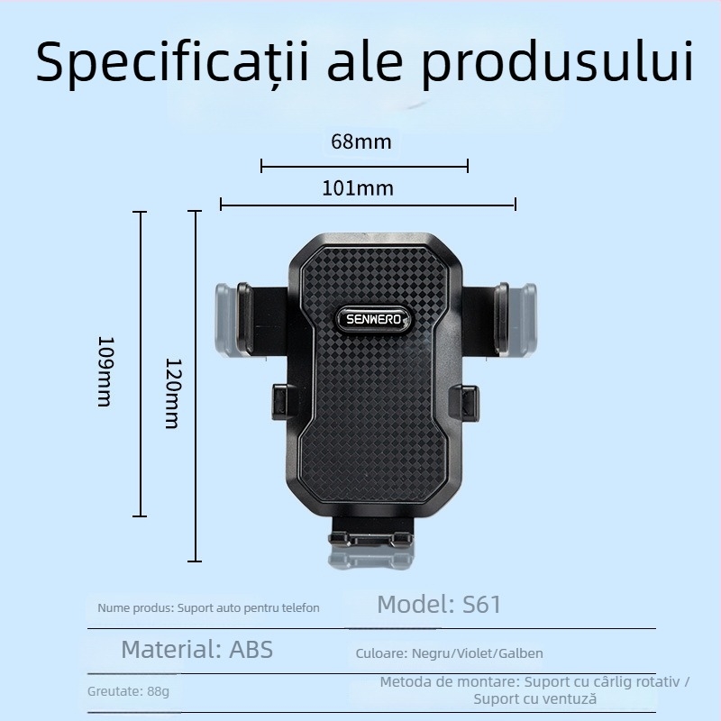 Suport pentru telefon auto cu ventuză, montaj pe bord, rotire la 360°, compatibil universal, 5W putere