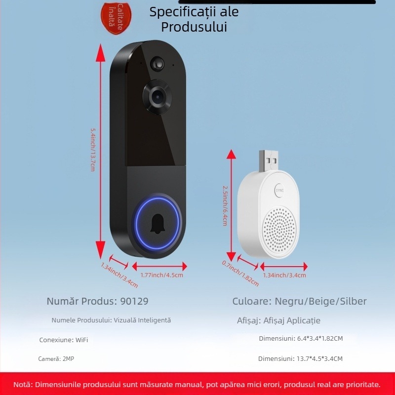 Sonerie vizibilă cu cameră pentru monitorizare la domiciliu — wireless, în timp real, vedere de noapte; baterie 18650, 3,7V, model 90129-1, Ringtone: Ding Dong