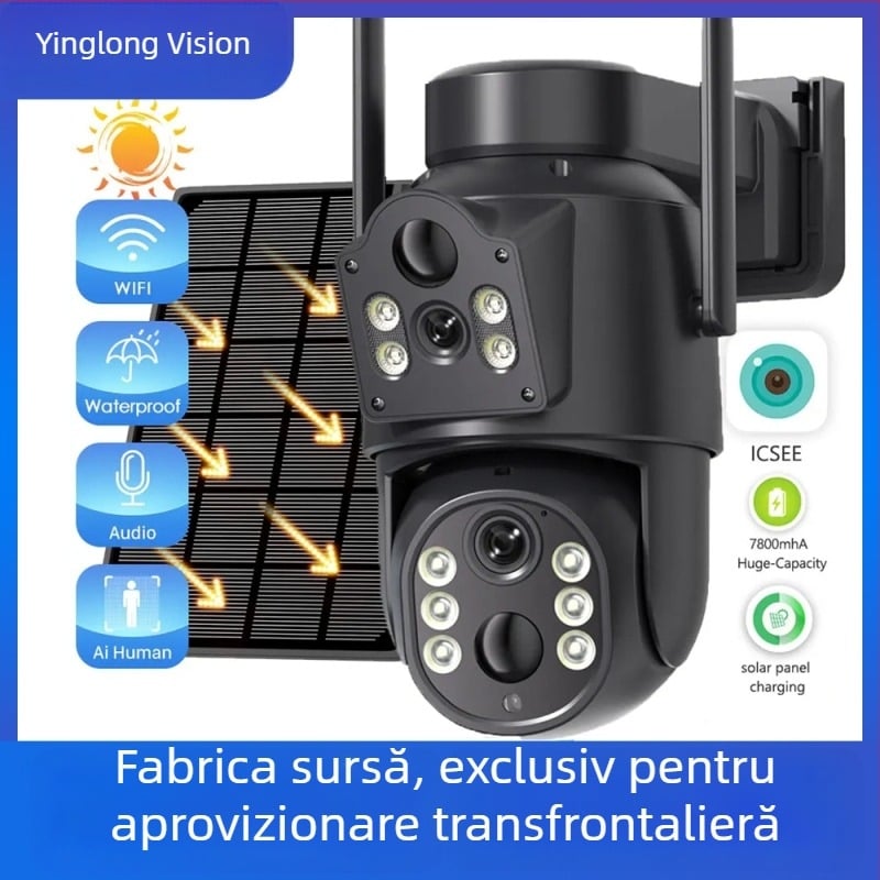 Cameră de securitate Wi-Fi pentru exterior, cu două canale, 8MP/2K, obiectiv 4 mm, memorie pe card + stocare în cloud, vedere de noapte cu notificări de alarmă