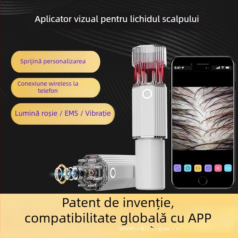 Aplicator vizual pentru scalp cu cameră HD, masaj prin micro-curent, vibrație în 3 trepte, terapie cu lumină roșie; model YC-2418(C8); greutate 275 g; include aplicator de masaj, cablu de date, instrucțiuni