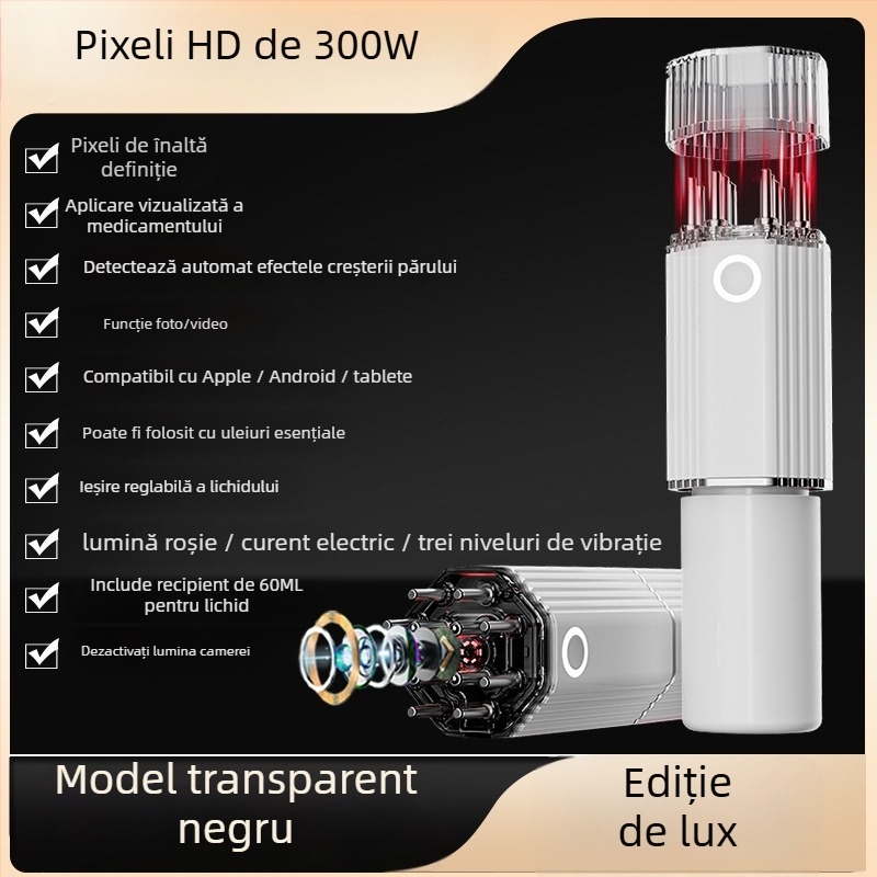 Aplicator vizual pentru scalp cu cameră HD, masaj prin micro-curent, vibrație în 3 trepte, terapie cu lumină roșie; model YC-2418(C8); greutate 275 g; include aplicator de masaj, cablu de date, instrucțiuni