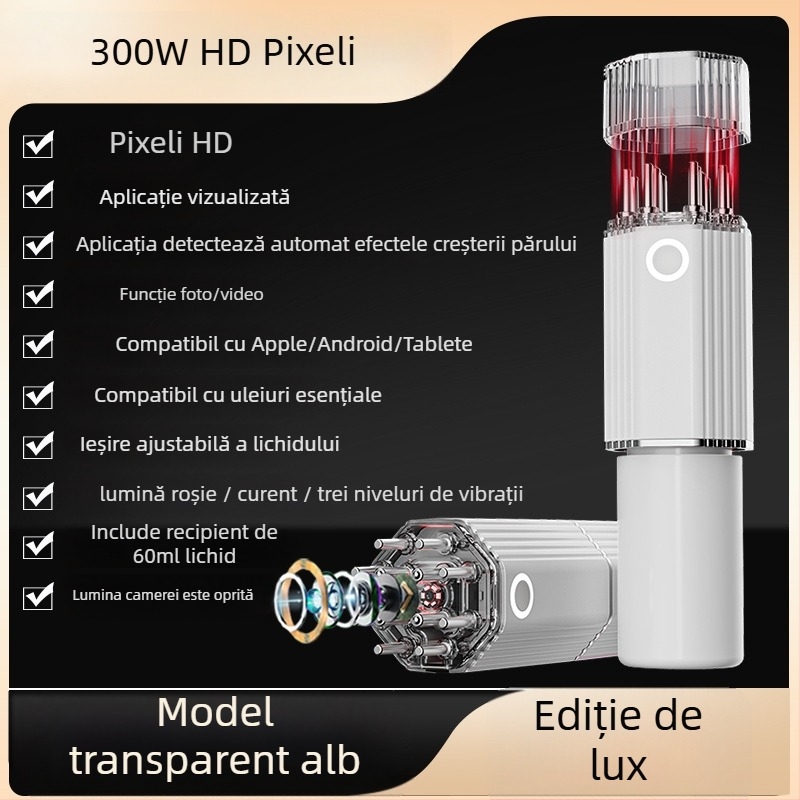 Aplicator vizual pentru scalp cu cameră HD, masaj prin micro-curent, vibrație în 3 trepte, terapie cu lumină roșie; model YC-2418(C8); greutate 275 g; include aplicator de masaj, cablu de date, instrucțiuni