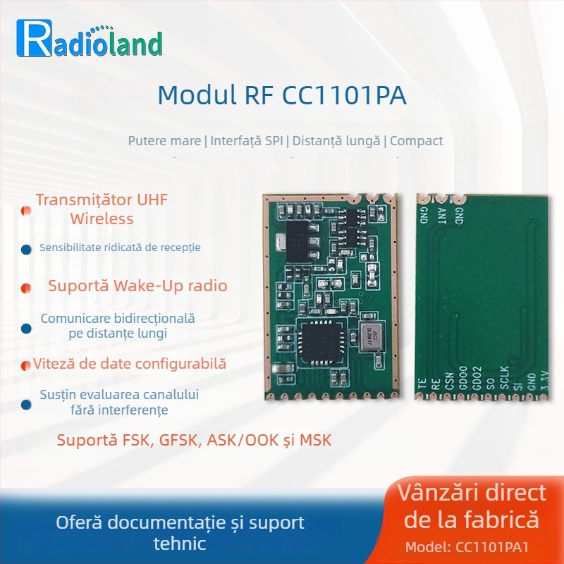 Modul transceiver CC1101 RF SPI 433MHz cu PA/LNA, pentru control industrial și senzori fără fir