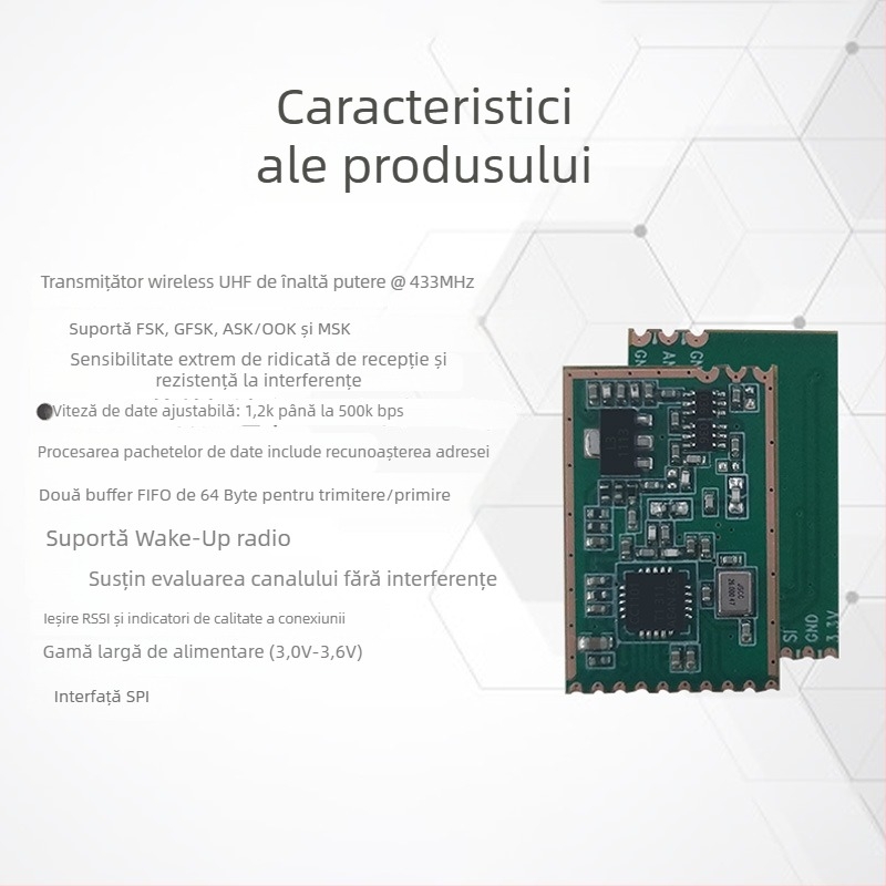 Modul transceiver CC1101 RF SPI 433MHz cu PA/LNA, pentru control industrial și senzori fără fir