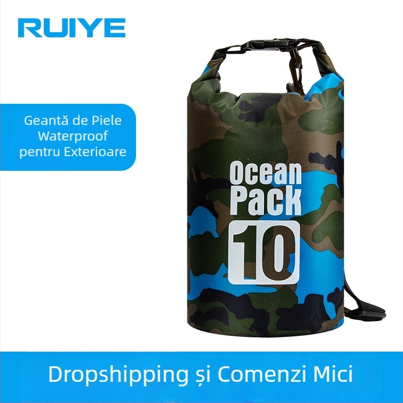 Geantă impermeabilă pentru exterior, cu imprimeu camuflaj, în stil găleată, pentru rafting și depozitare; ușoară, din poliester pentru înot