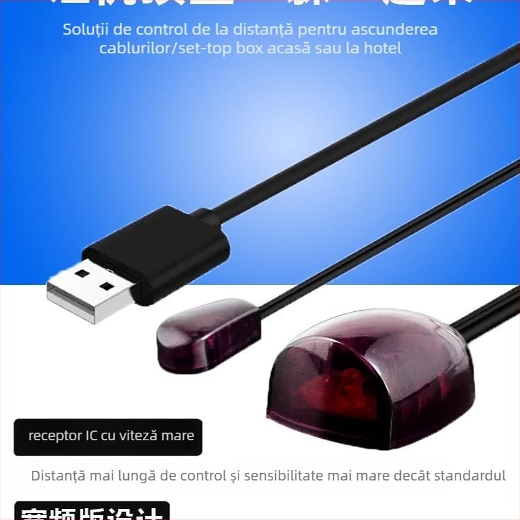 Repetor IR universal pentru Set-Top Box — receptor USB pentru semnalul telecomenzii, cablu de prelungire