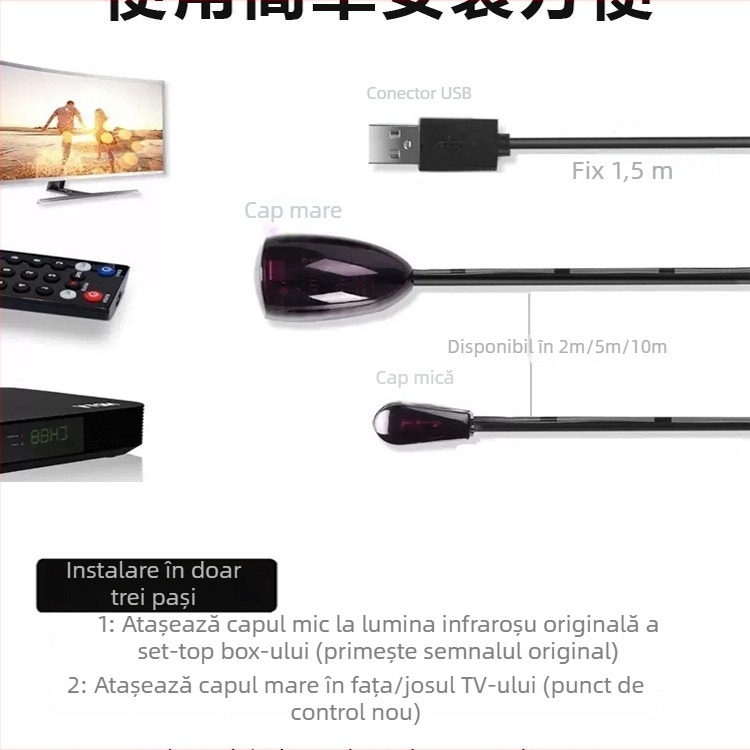 Repetor IR universal pentru Set-Top Box — receptor USB pentru semnalul telecomenzii, cablu de prelungire