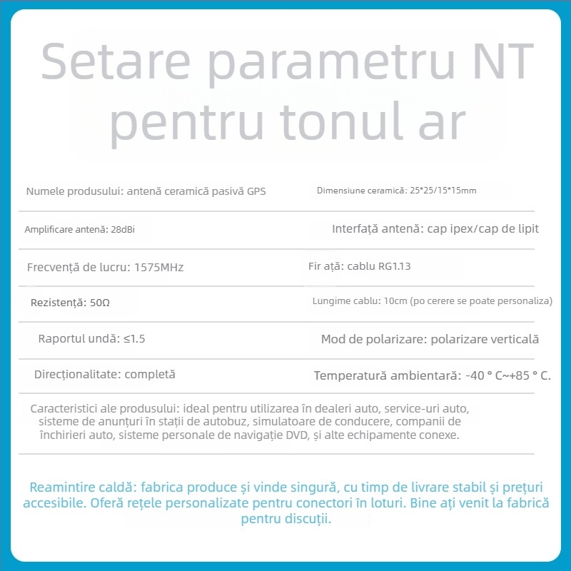 Antena activă Beidou-GPS dual-band cu modul ceramic încorporat, câștig 28 dBi, 600-6000 MHz, 50 Ω, SWR ≤1.5