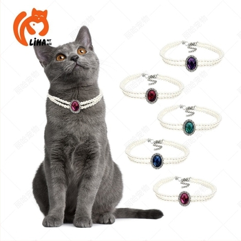 Colier pentru animale de companie cu două rânduri verticale din perle artificiale cu strasuri, reglabil pentru pisici și câini