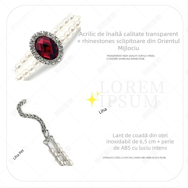 Colier pentru animale de companie cu două rânduri verticale din perle artificiale cu strasuri, reglabil pentru pisici și câini