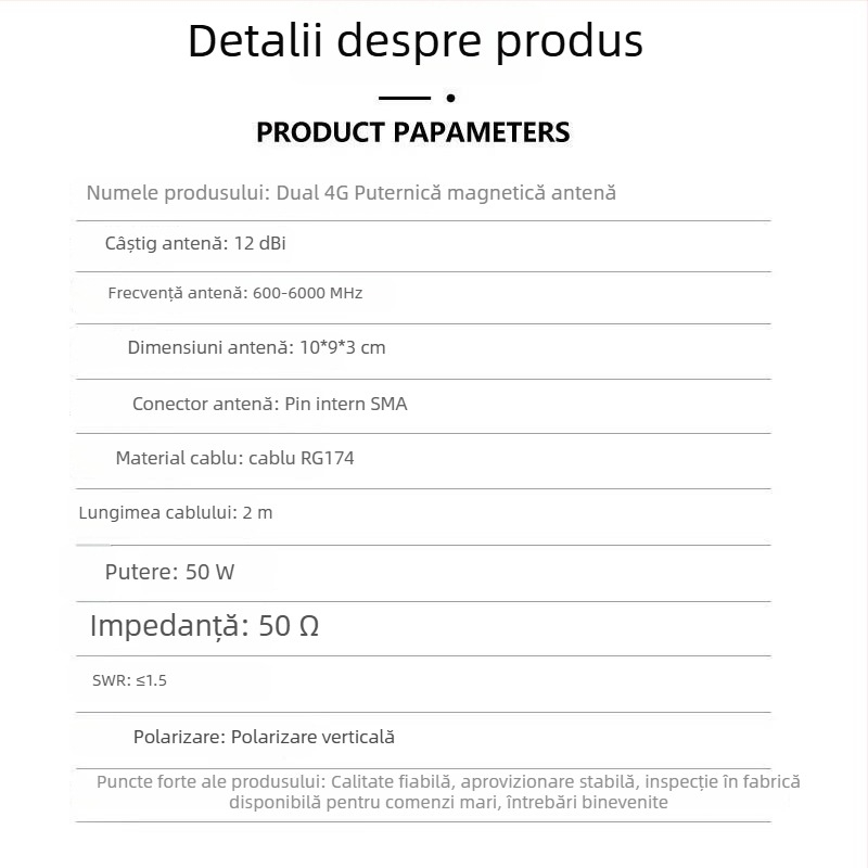 Antena router WiFi 6, câștig 12 dBi, conector SMA, design cu două cabluri, SWR ≤ 1.5