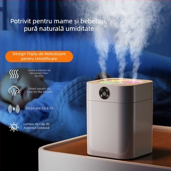 Umidificator pentru dormitor, funcționare silențioasă, rezervor de 10 L, 3 ieșiri de ceață, aromaterapie, protecție la oprire, alimentare cu baterii uscate, carcasă din oțel inoxidabil