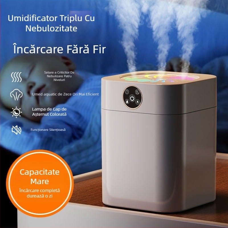 Umidificator pentru dormitor, funcționare silențioasă, rezervor de 10 L, 3 ieșiri de ceață, aromaterapie, protecție la oprire, alimentare cu baterii uscate, carcasă din oțel inoxidabil