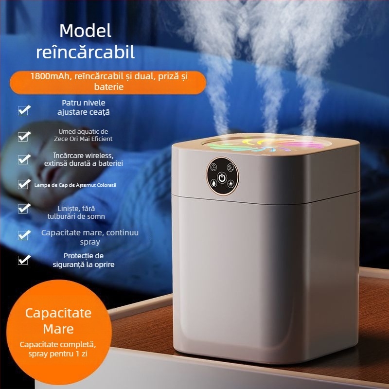 Umidificator pentru dormitor, funcționare silențioasă, rezervor de 10 L, 3 ieșiri de ceață, aromaterapie, protecție la oprire, alimentare cu baterii uscate, carcasă din oțel inoxidabil