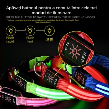 Colier LED pentru animale de companie – impermeabil, încărcare USB, iluminare de noapte, material nailon, model monocrom