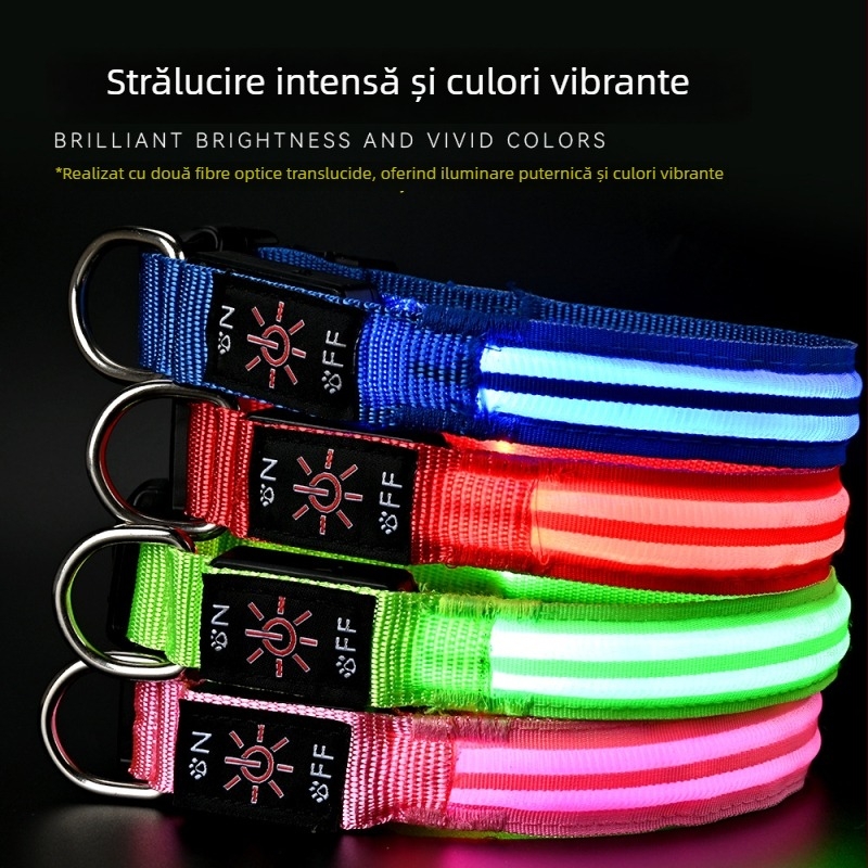 Colier LED pentru animale de companie – impermeabil, încărcare USB, iluminare de noapte, material nailon, model monocrom