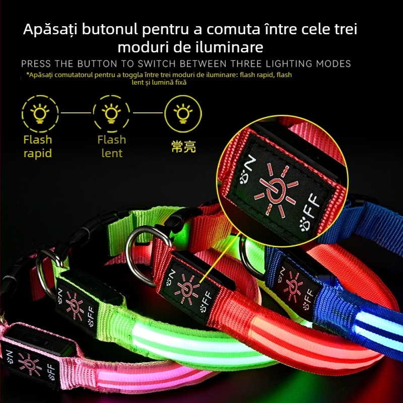 Colier LED pentru animale de companie – impermeabil, încărcare USB, iluminare de noapte, material nailon, model monocrom
