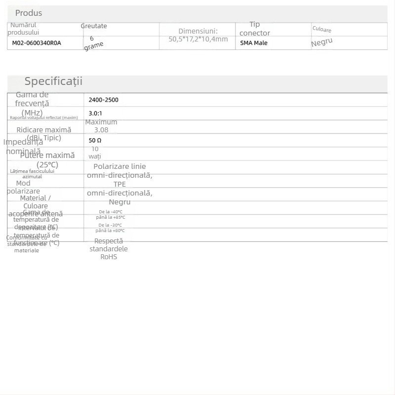 Antena omnidirecțională 2.4 GHz, câștig 3 dBi, în formă de bețișor adeziv, pentru camera auto și router LTE