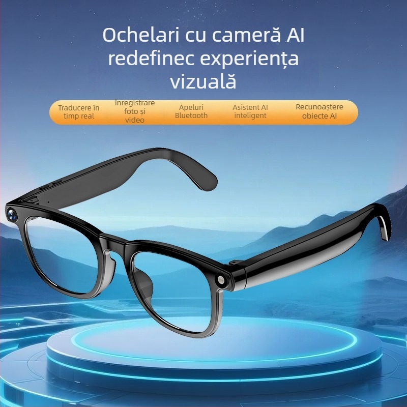 Ochelari inteligenți cu cameră pentru fotografii și videoclipuri HD, recunoaștere AI cu traducere în timp real, control tactil și activare vocală