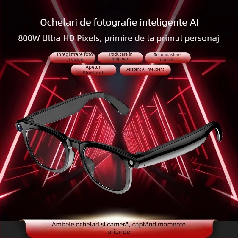 Ochelari inteligenți AI cu recunoaștere de obiecte, cameră pentru fotografii și videoclipuri, traducere, trezire vocală și acces la un model GPT avansat