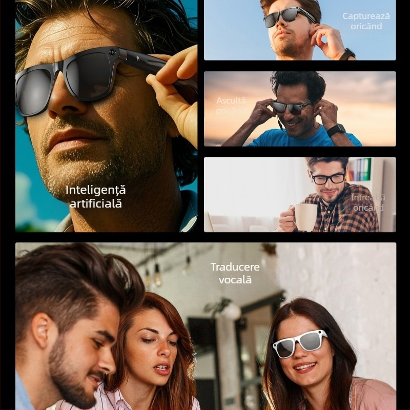 Ochelari inteligenți AI cu cameră, traducere și recunoaștere de obiecte – Xkoenpro+; cameră 1 MP; 32 GB stocare; baterie 260 mAh; purtare pe cap; rază wireless 5–10 m; Bluetooth pentru apeluri și muzică