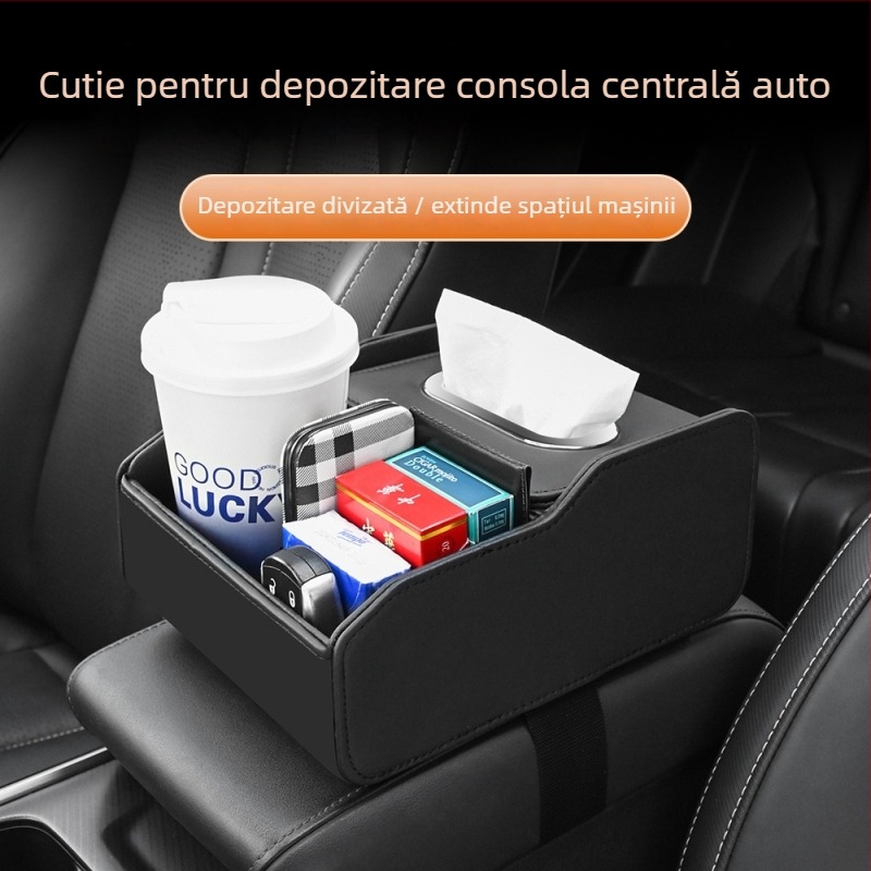 Cutie pentru cotieră auto din piele, cu suport pentru șervețele și suport pentru pahar, compatibilitate generală, cod produs X-15, origine Guangdong