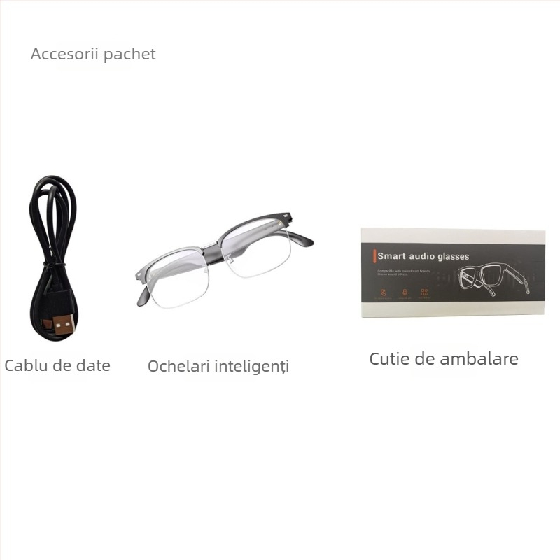 Ochelari Bluetooth cu AI, traducere în 144 de limbi, muzică și apeluri, rază de funcționare 10 m, control prin atingere, protecție UV