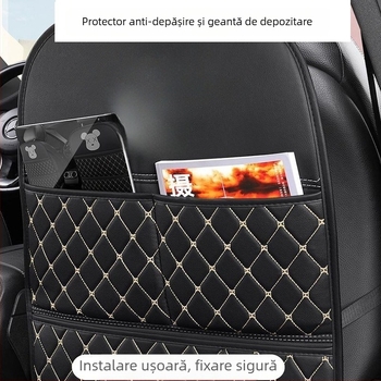 Protecție pentru spatele scaunului auto cu buzunar de depozitare – pernă de protecție din piele pentru scaunul din spate al copiilor, stil plat, umplutură din fibre sintetice