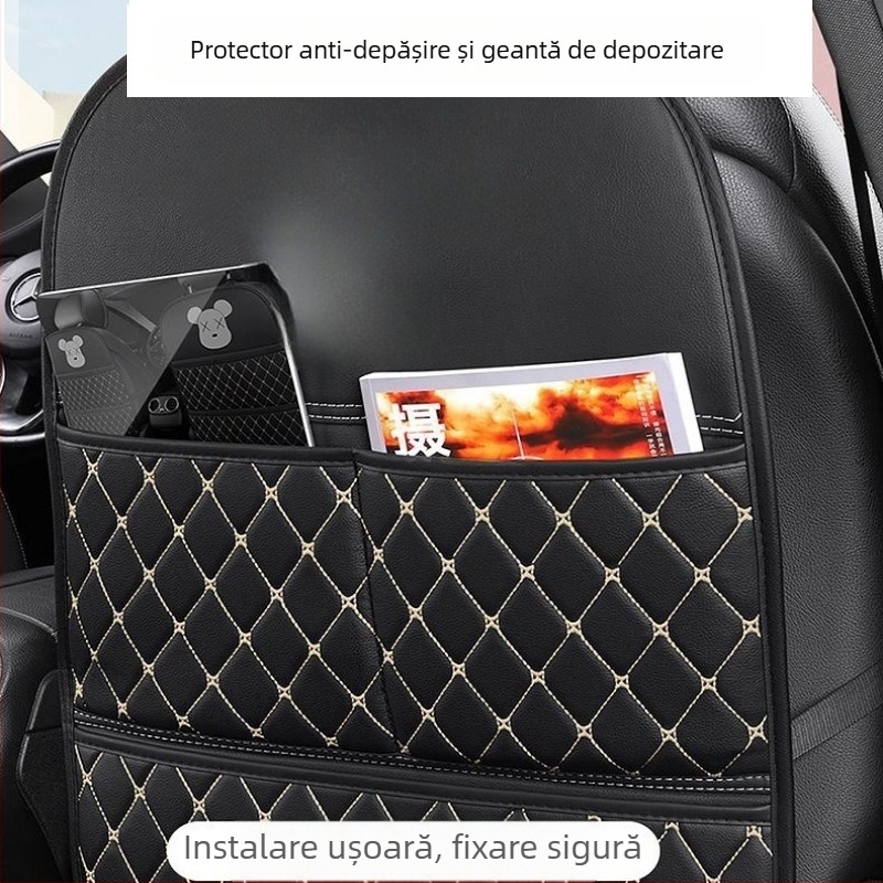 Protecție pentru spatele scaunului auto cu buzunar de depozitare – pernă de protecție din piele pentru scaunul din spate al copiilor, stil plat, umplutură din fibre sintetice