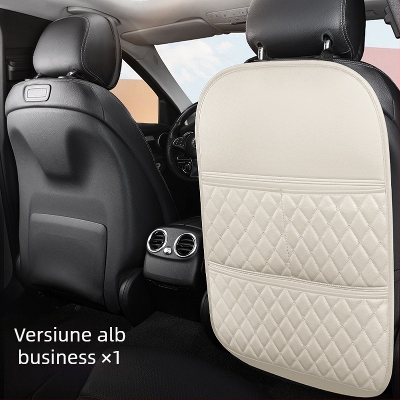 Protecție pentru spatele scaunului auto cu buzunar de depozitare – pernă de protecție din piele pentru scaunul din spate al copiilor, stil plat, umplutură din fibre sintetice