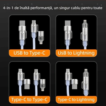 Collar craftsman cablu date auto 4 în 1 retractabil cu Lightning, Micro USB și Type-C – încărcare rapidă PD, până la 240W, lungime 1–2 m, PVC