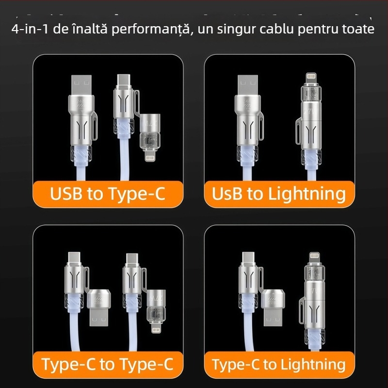 Collar craftsman cablu date auto 4 în 1 retractabil cu Lightning, Micro USB și Type-C – încărcare rapidă PD, până la 240W, lungime 1–2 m, PVC