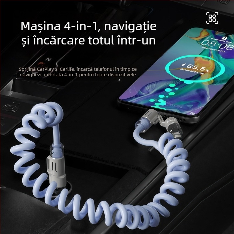 Collar craftsman cablu date auto 4 în 1 retractabil cu Lightning, Micro USB și Type-C – încărcare rapidă PD, până la 240W, lungime 1–2 m, PVC