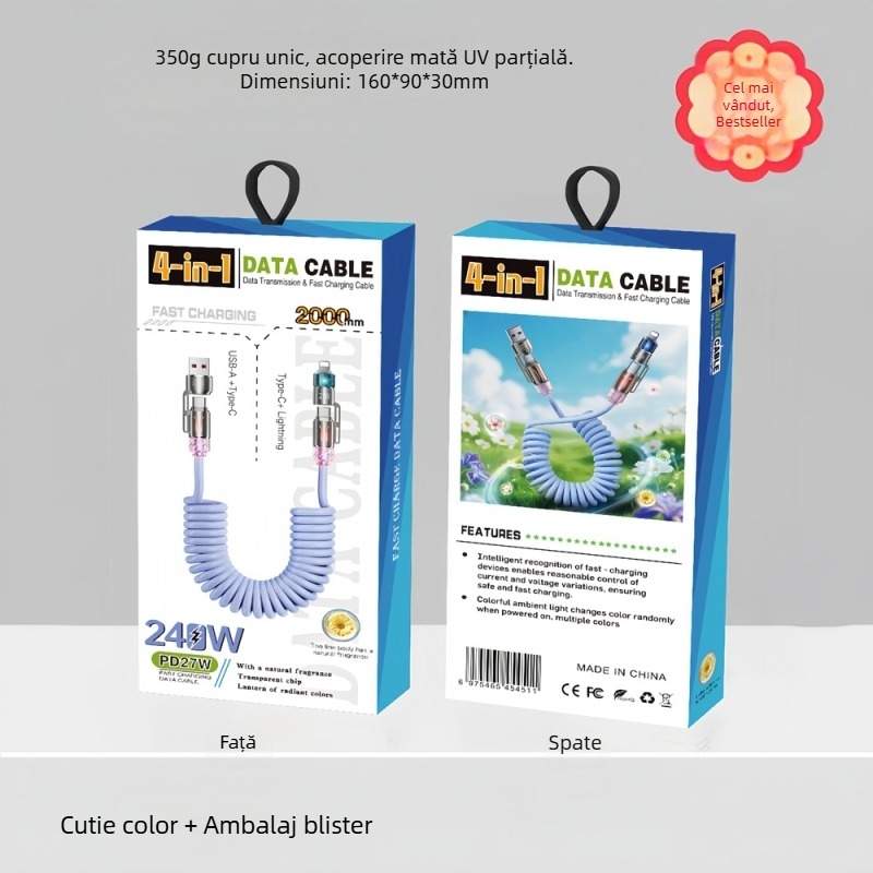 Collar craftsman cablu date auto 4 în 1 retractabil cu Lightning, Micro USB și Type-C – încărcare rapidă PD, până la 240W, lungime 1–2 m, PVC