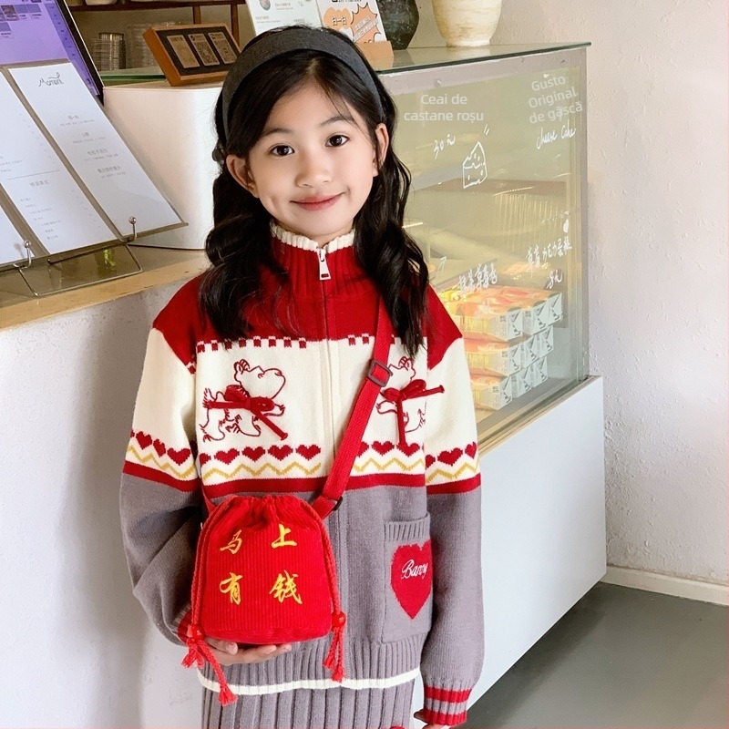 Geantă cross-body pentru copii - Portofel pentru monede, Unisex, pentru grădiniță, Design festiv de Anul Nou, Material textil